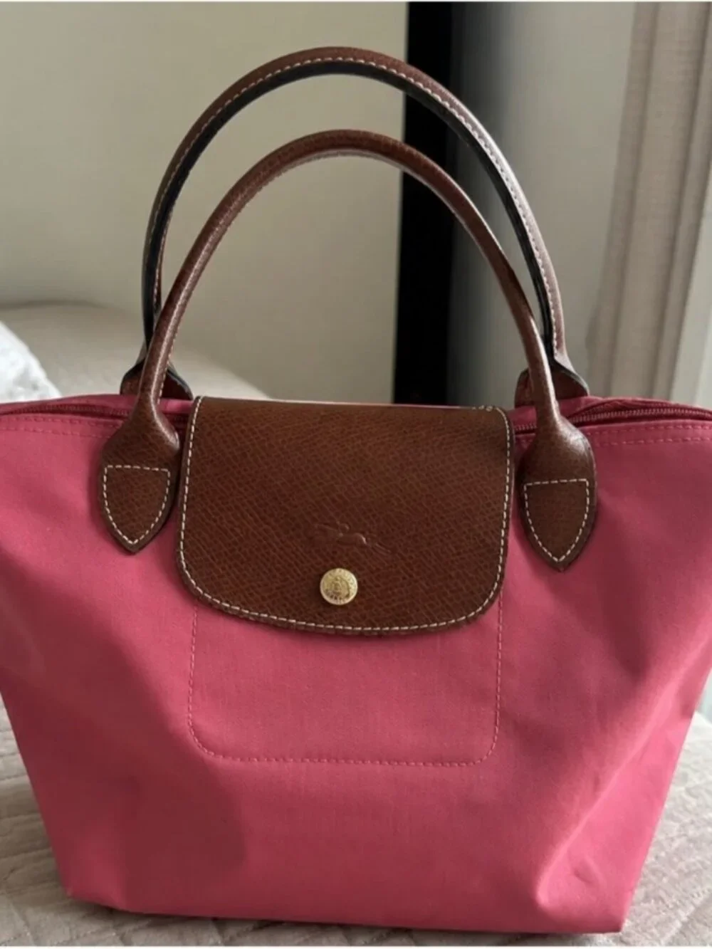 Longchamp Pink Nylon Tote with Brown Leather Trim